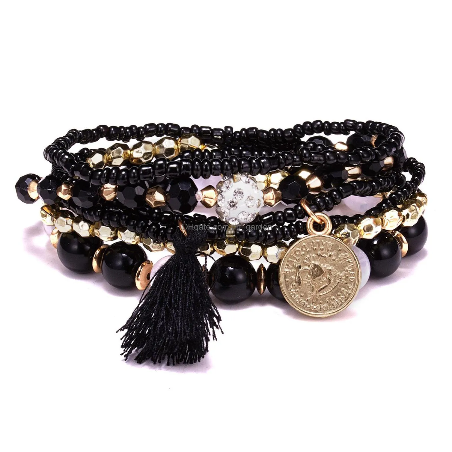 hot selling bohemian style beaded bracelet strands 6 rice beads beauty head coin tassel multilayer bracelet set shsz042