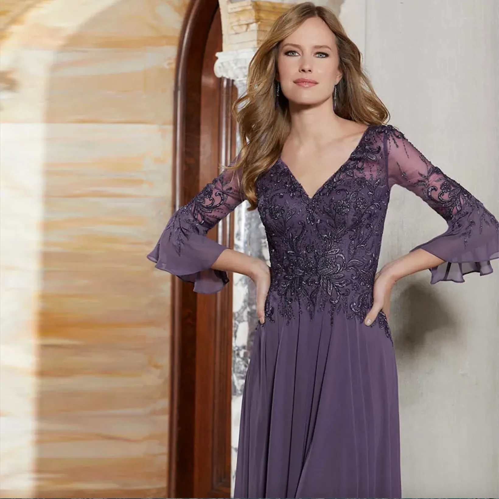 Half Horn Sleeve Mother of The Bride Dresses Beaded Chiffon Formal Gown Purple Lace Applique vestidos para muje