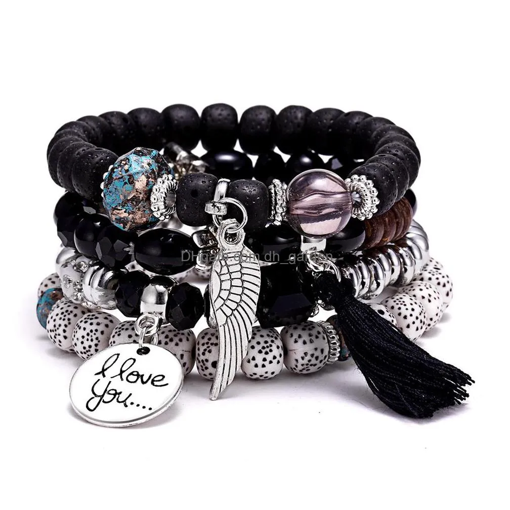 hot selling wings tassel natural stone suit multilayer bracelet imitation bodhi bohemian style stretch bracelet wholesale