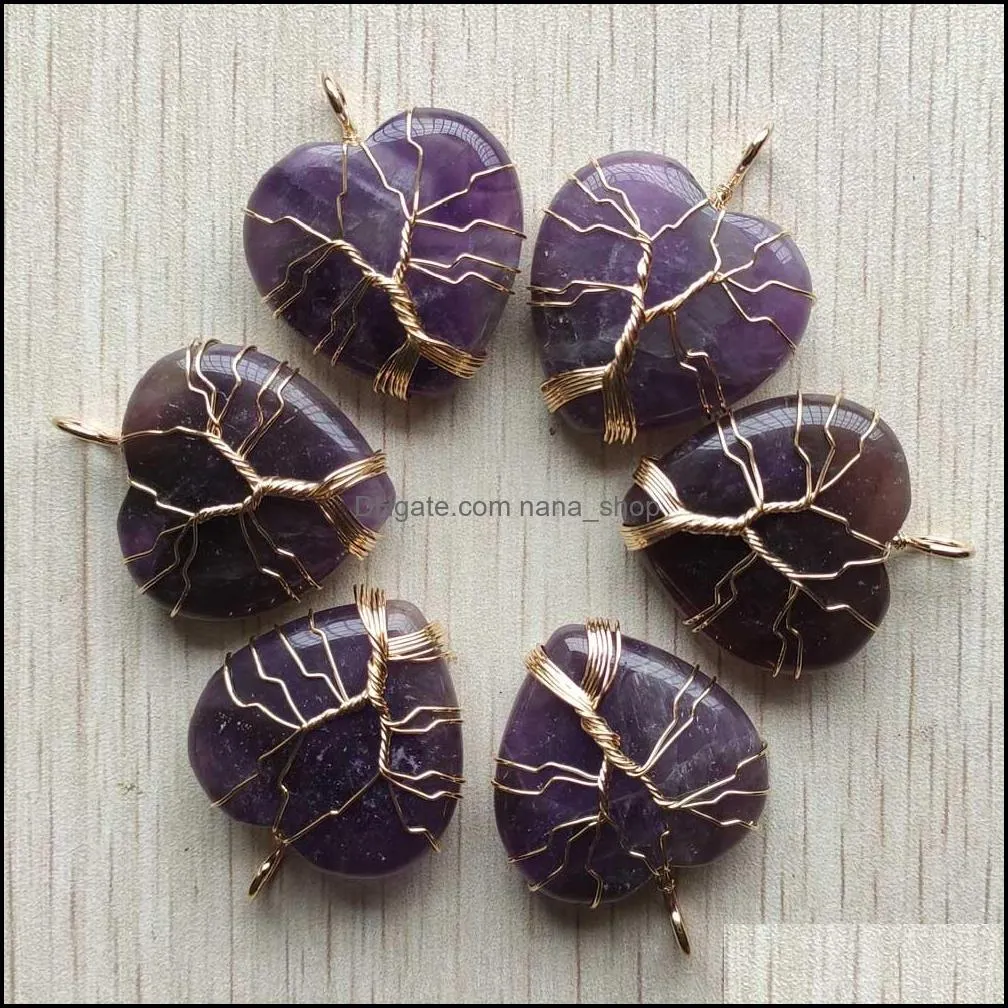 natural amethyst stone charms tree of life golden wire wrapped love heart healing pendants for jewelry marking wholesale