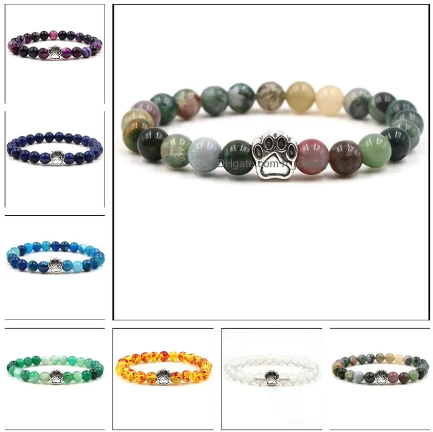 7 colors footprint paw charms bracelet 8mm colourful agate natural stone beads bracelets pet lover strench jewelry