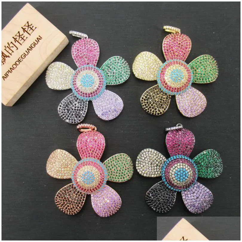charms 48x48mm colorful flower gold plated cubic zircon cz paved connector necklace pendant jewelry diy findingscharms
