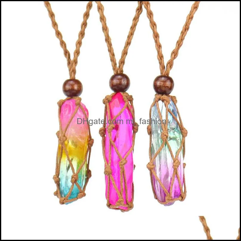 healing crystal column dyed natural stone pillar pendant weave net bag charms green pink crystals brown rope chain necklaces mjfashion