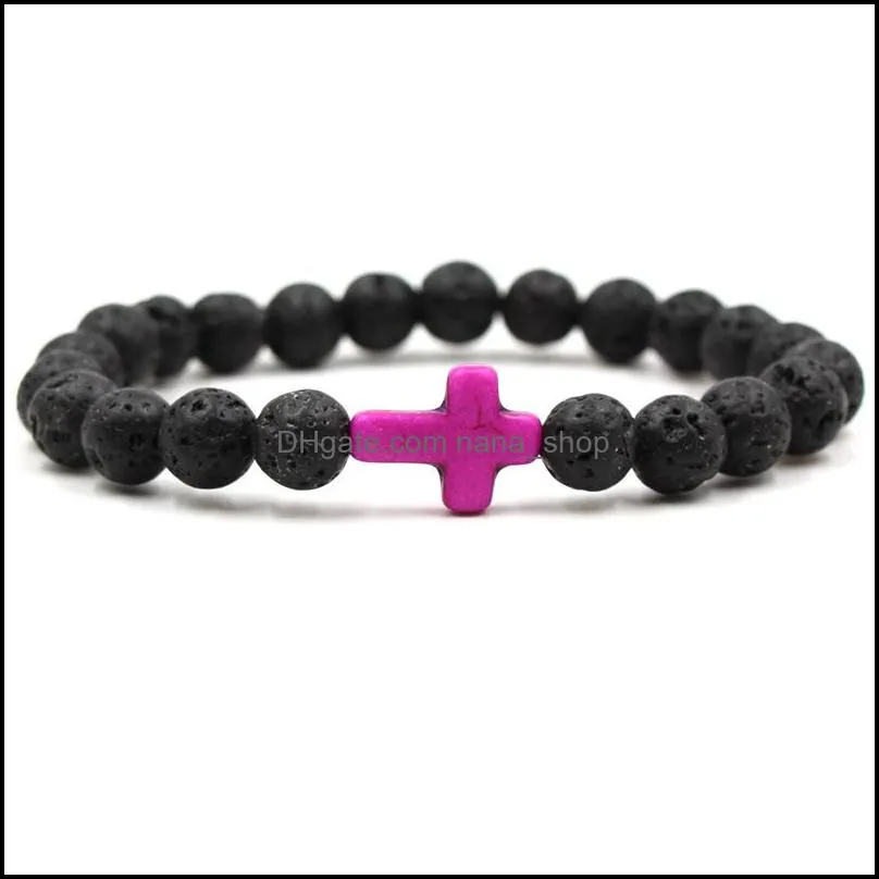 8mm black lava stone beads cross elastic strand bracelet bangle for women men jewelry