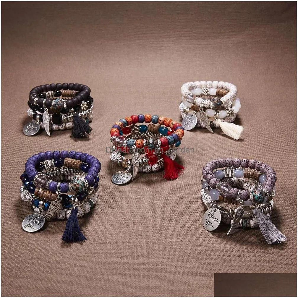 hot selling wings tassel natural stone suit multilayer bracelet imitation bodhi bohemian style stretch bracelet wholesale