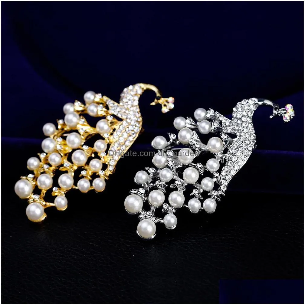 wholesale animal brooch rhinestone pearl peacock animal brooch pins for women girls wedding party shipping