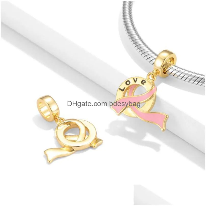 charms top quality pink ribbon lucky pendants beads symbol hope believe love golden fit original european bracelet diy jewelry