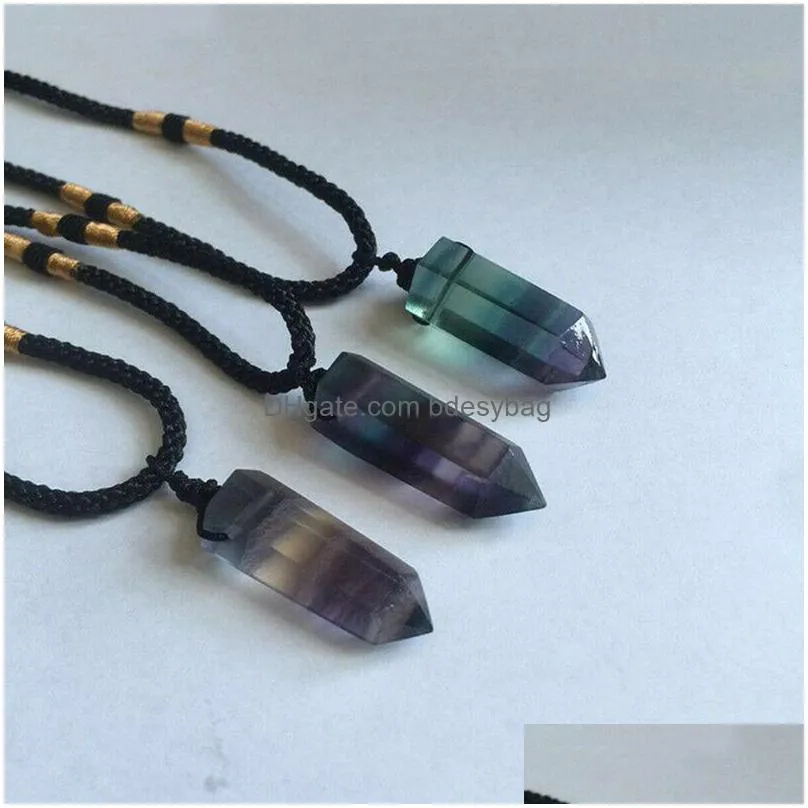charms natural rainbow fluorite hexagonal prism pendant quartz crystal healing point chakra reiki necklacecharms