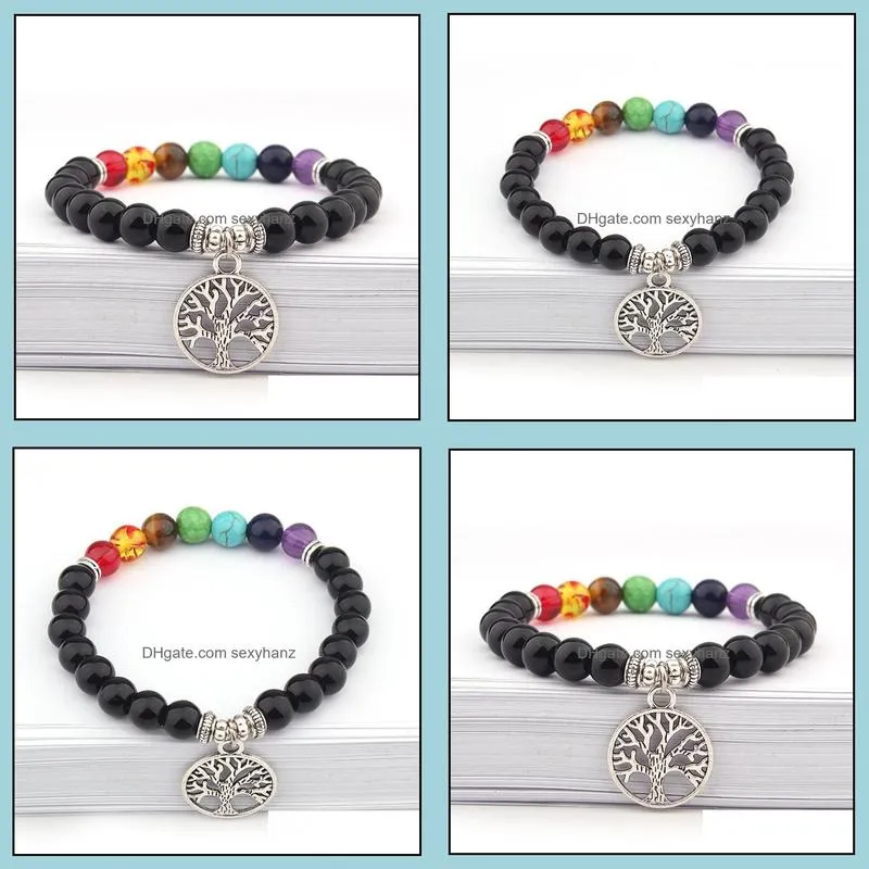 8mm natural stone bracelet 7 chakra tree of life charm bracelets multicolor beads stones bracelet women men yoga bracelets