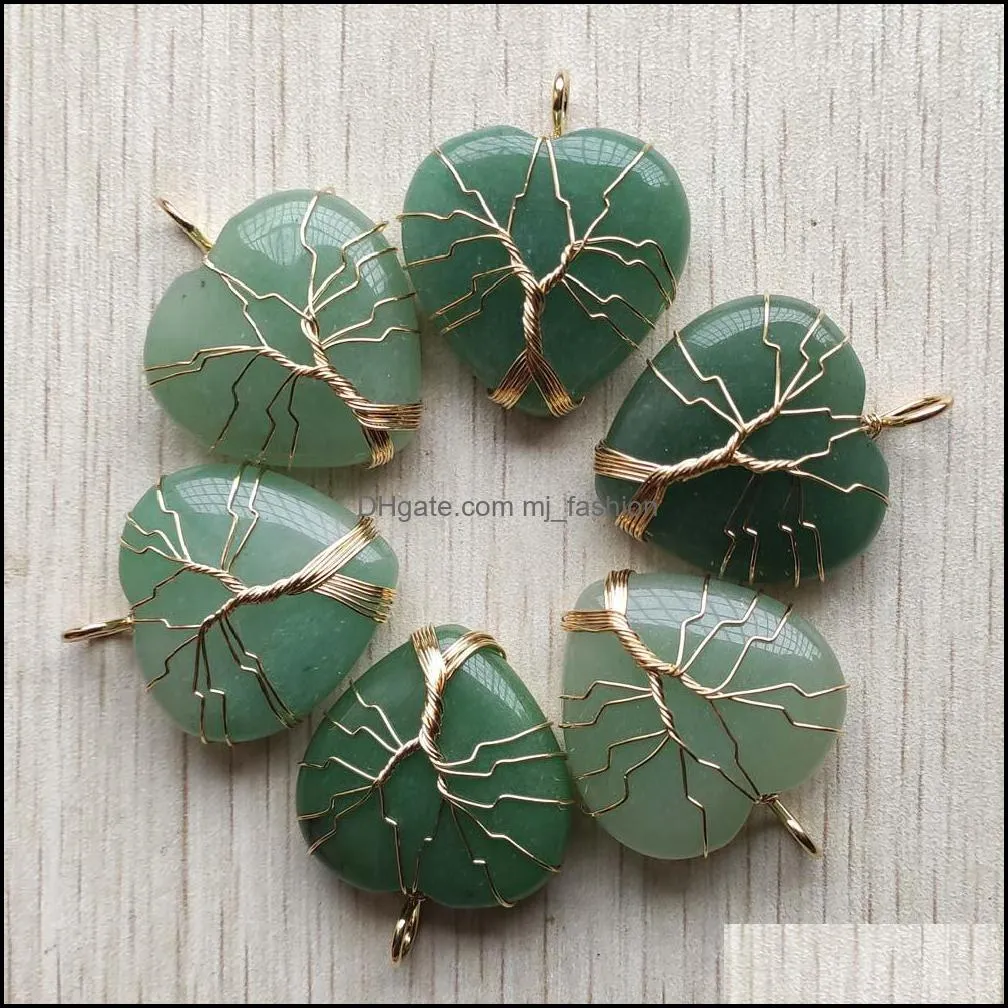 natural green aventurine stone charms tree of life gold wire wrapped love heart pendants for necklace jewelry marking mjfashion