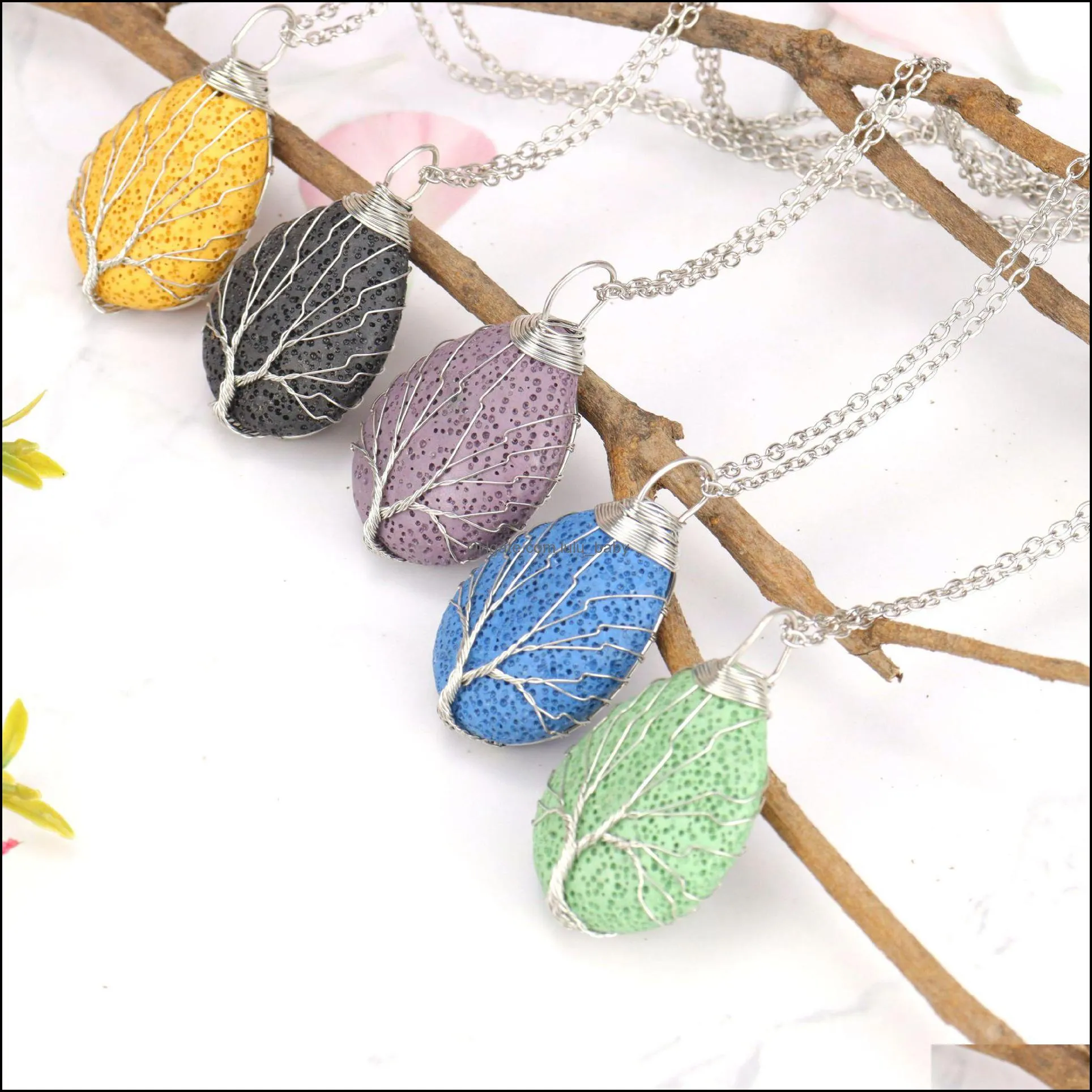 handmade twine tree of life colorful lava stone pendant necklace diy arom essential oil diffuser necklaces for women men jewe lulubaby