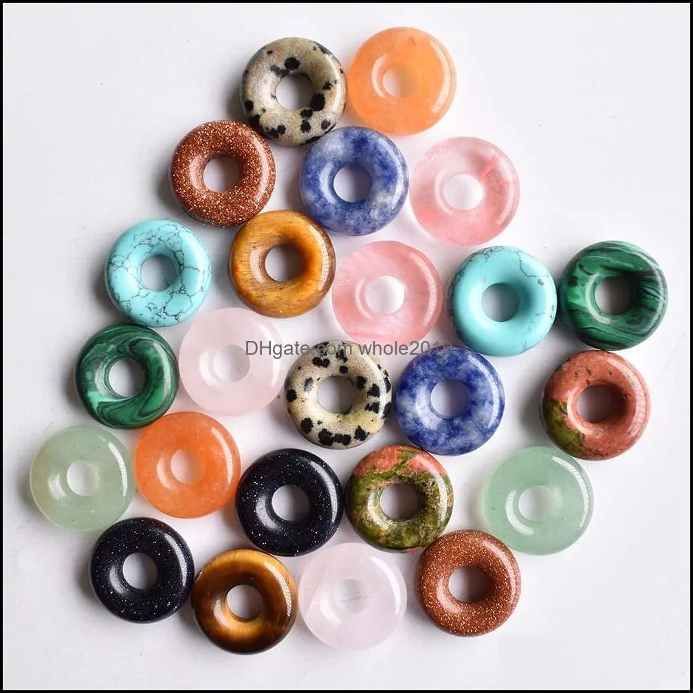 natural stone quartz crystal tiger eye opal turquoises circle 15mm donut charms pendant for diy jewelry making necklace