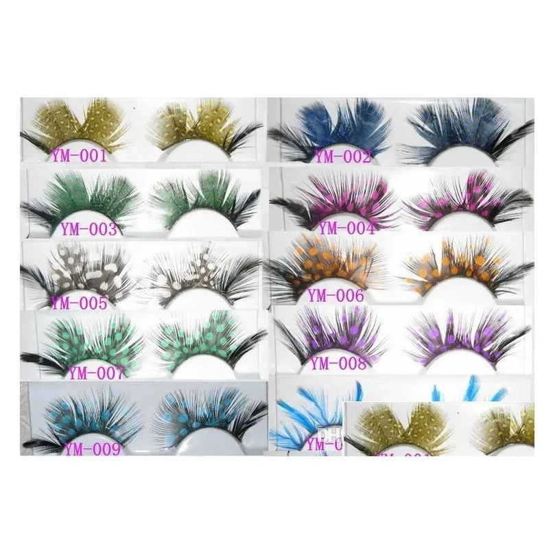 colorful feather false eyelashes for party makeup or exaggerated maquiagem white spots feather eyelashes