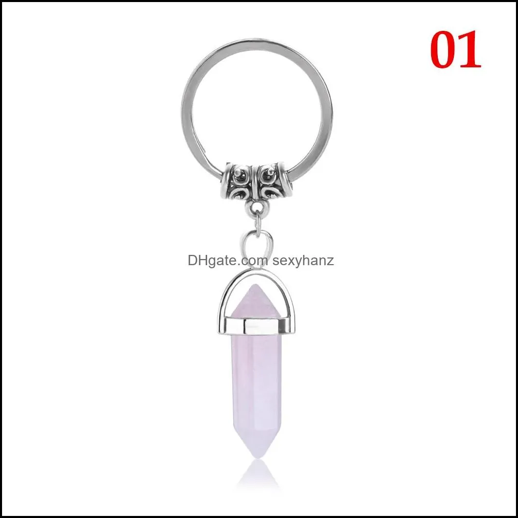 natural stone hexagonal prism keychains silver color healing pink crystal car decor key rings keyholder for women men