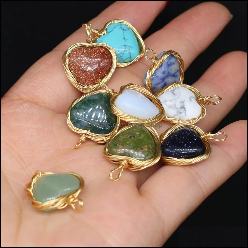 fashion natural stone charms wrap heart rose quartz lapis lazuli turquoise opal pendant diy for bracelet necklace earrings jewelry making