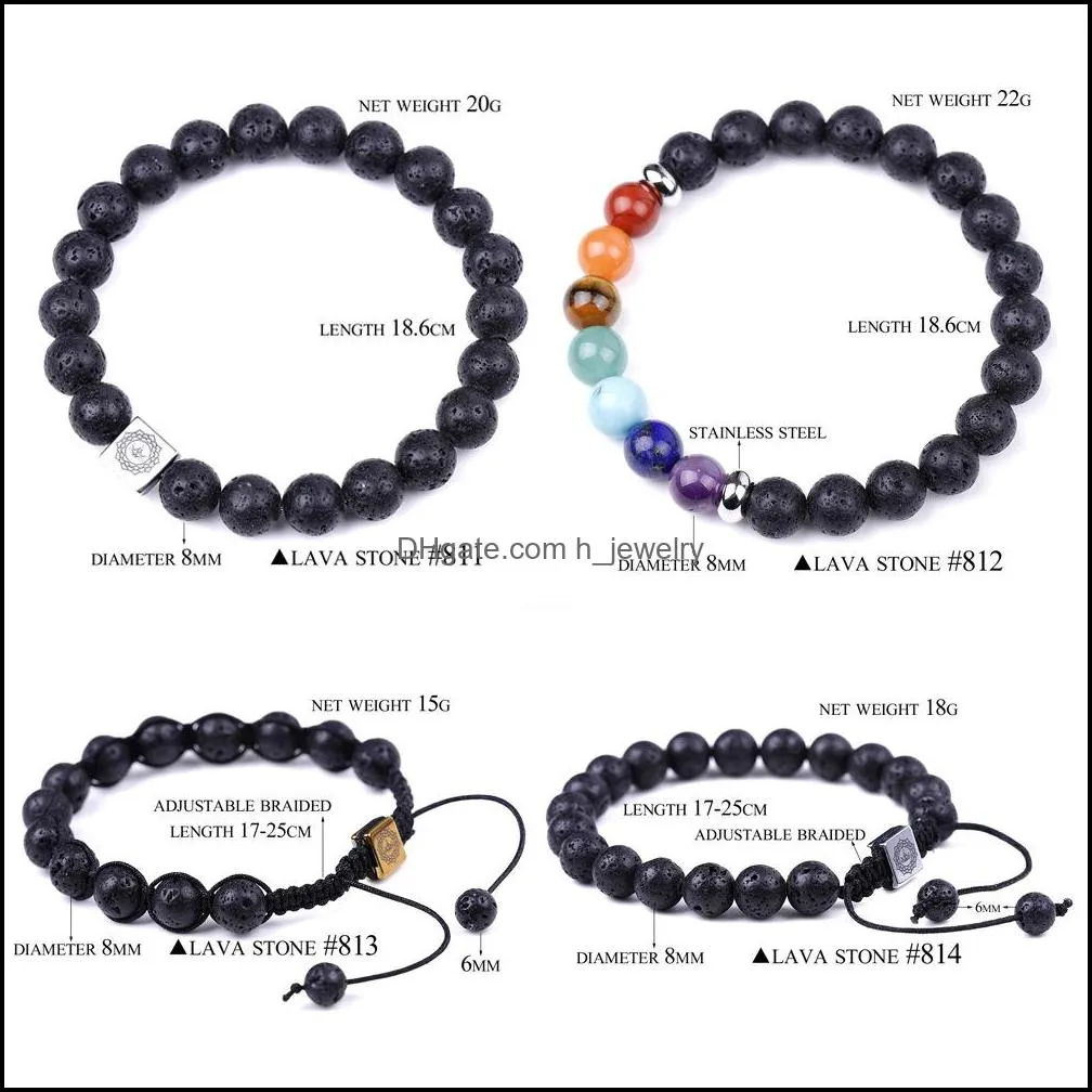 8mm black lava stone seven chakras healing beads charm bracelet women men energy buddha bracelets jewelry