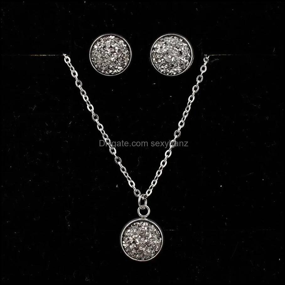 fashion druzy drusy necklace earrings 12mm stainless steel round resin druzy necklace earrings jewelry set