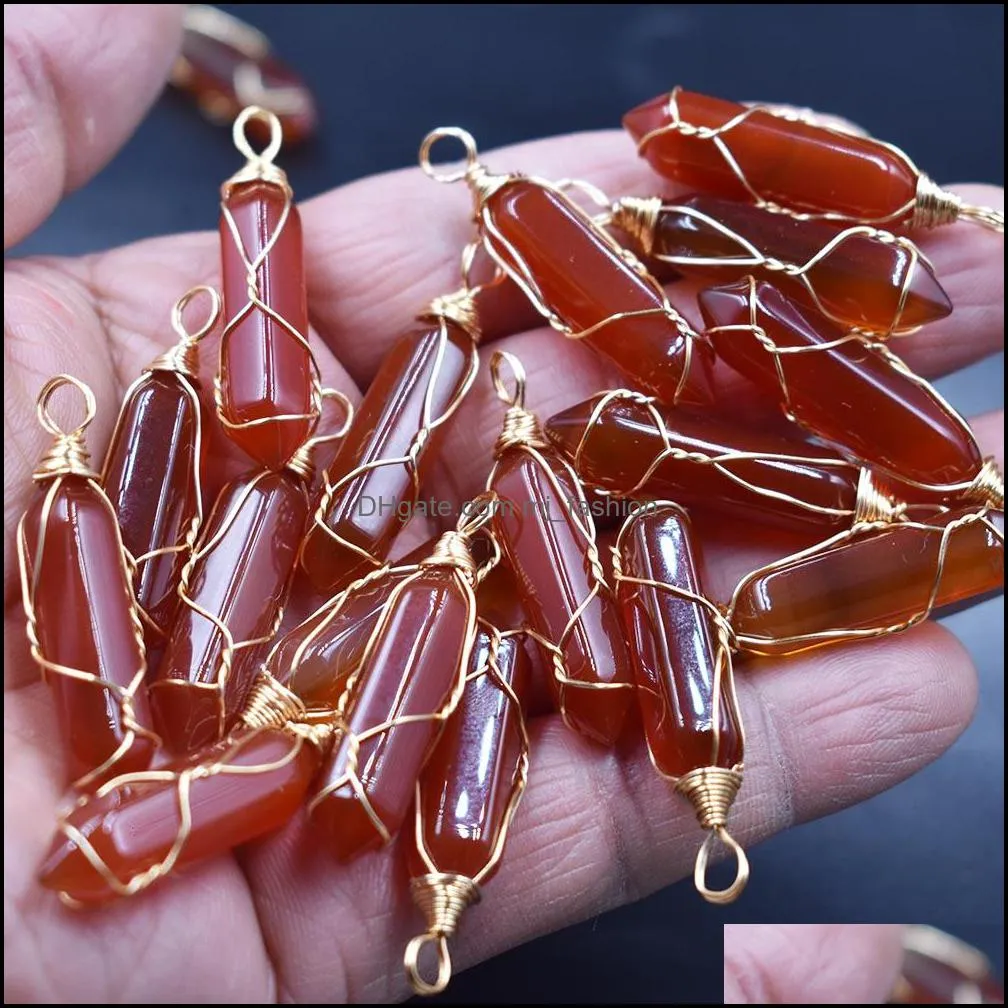 crystal glass red agate pillar shape charms stone point handmade iron wire pendants for necklace earrings jewelry makin mjfashion