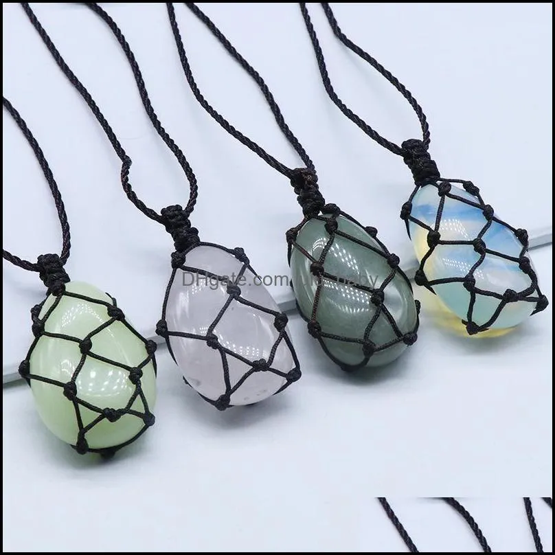 healing crystal oval natural stone pendant weave net bag charms green pink crystal opal rope chain necklaces christ lulubaby