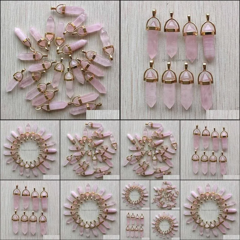 assorted natural stone pink quartz golden pendants point charms hexagonal pillar pendant for diy jewelry making gemstones