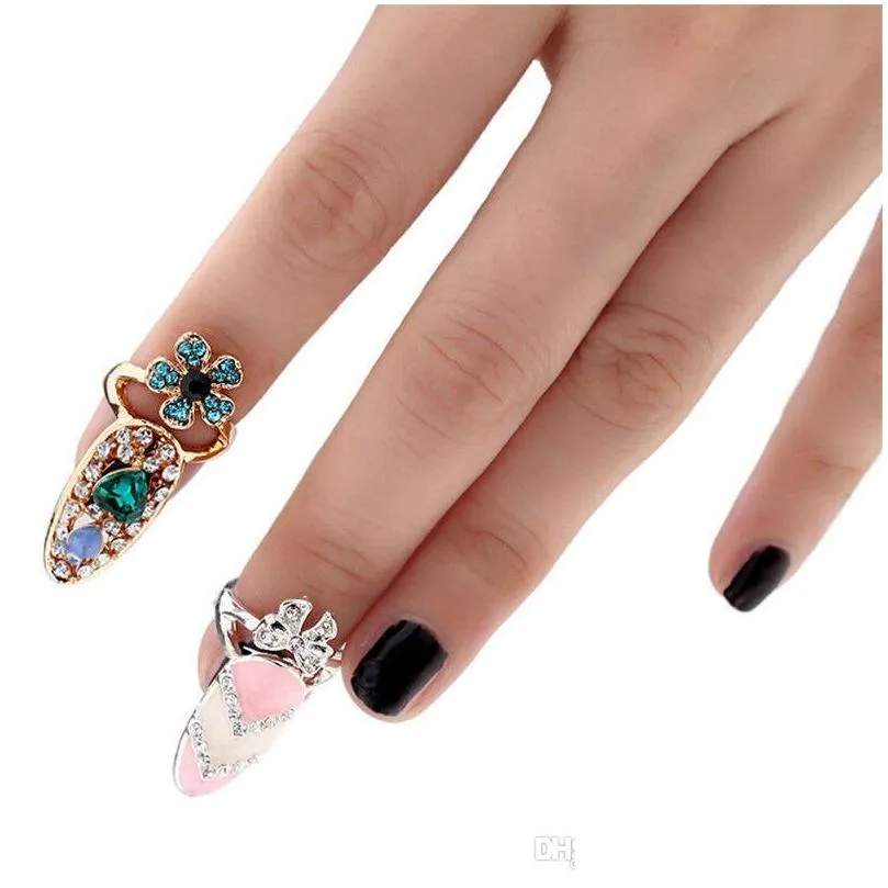 bowknot nail ring charm crown flower crystal finger nail rings for women lady rhinestone fingernail protective fashion jewelry