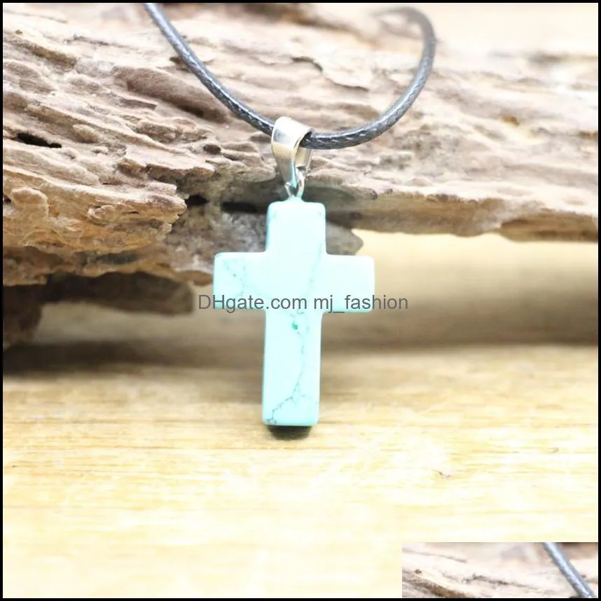 natural crystal cross shape stone pendant healing quartz turquoise sodalite obsidian colorful gemstone necklace women jewelr mjfashion