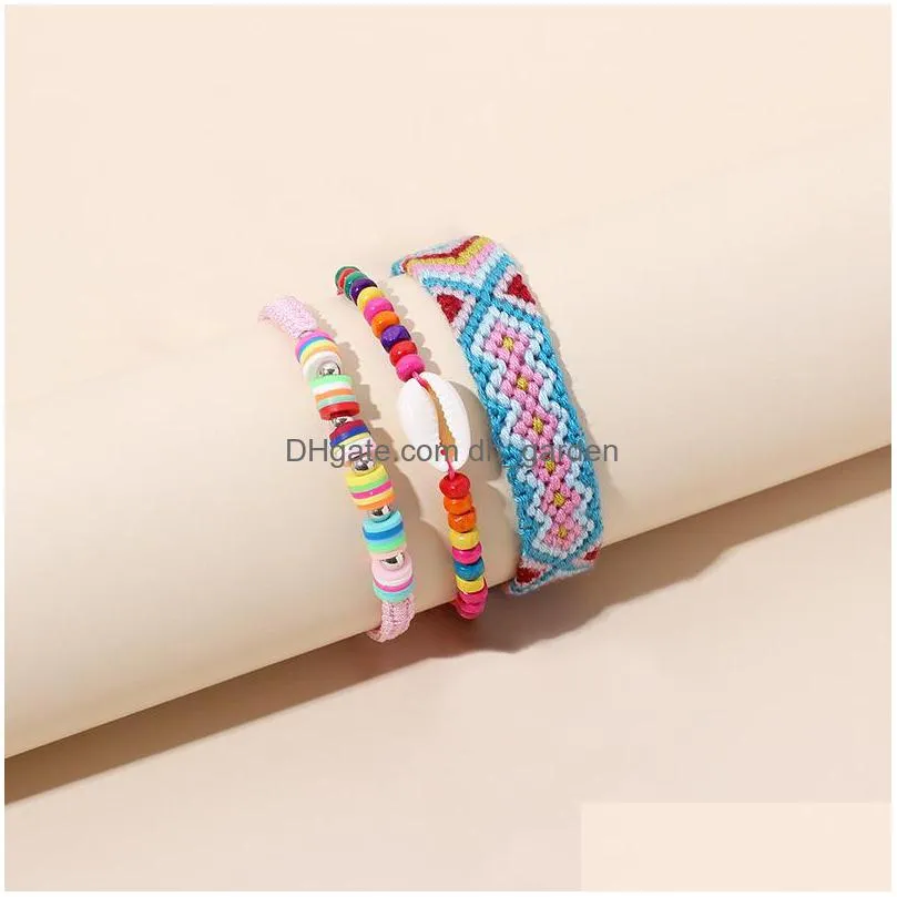 high quality bohemia handmade woven bracelet fashion personalized color lady bracelet shell soft clay hand rope