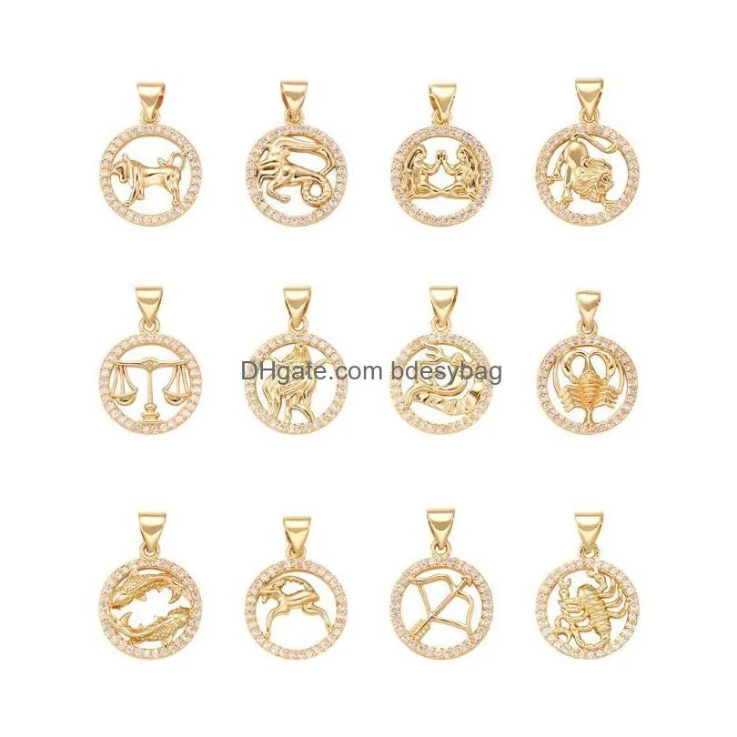 charms 12pcs 12 style brass micro pave cubic zirconia pendants nickel with snap on bail flat round constellationcharms