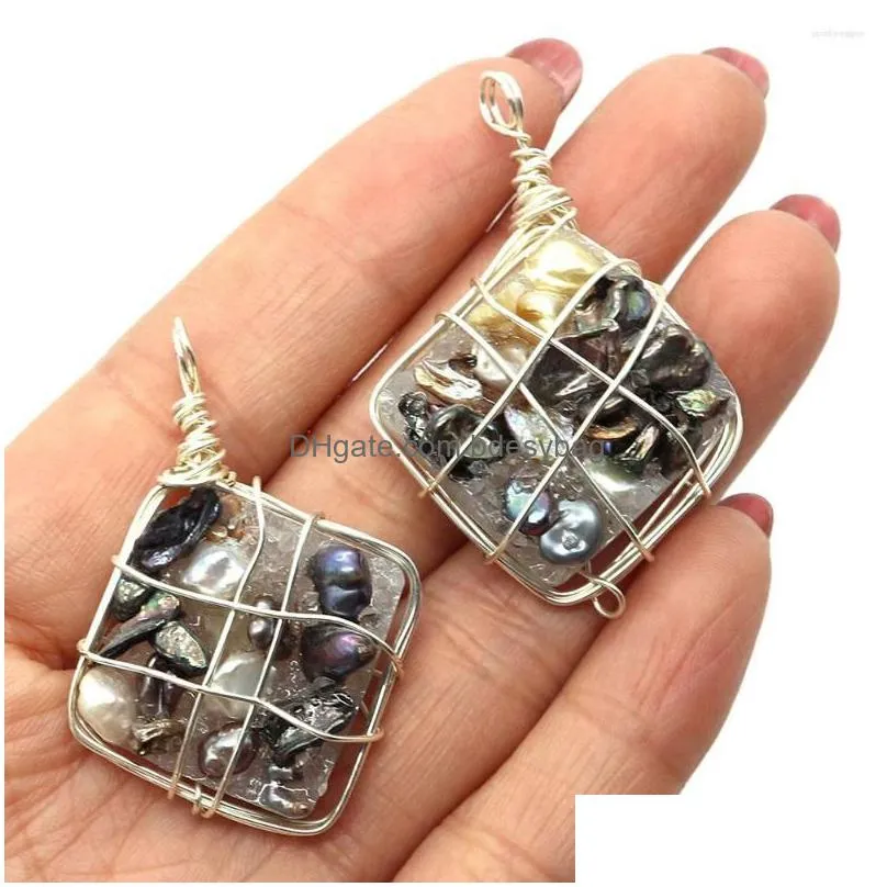 charms fashion resin crystal inlaid baroque pearl rhombus pendant 30x40mm for diy making charm jewelry earrings necklace accessories