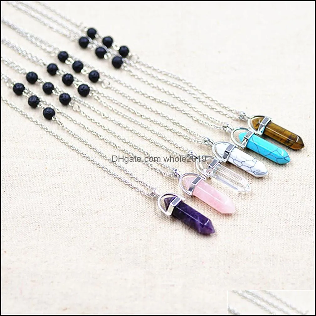 silver color natural stone hexagonal prism necklace lava stone volcanic rock aromatherapy  oil diffuser necklace for women