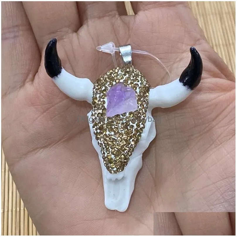 charms animal bull head shape resin stick diamond amethyst pendant for diy jewelry making necklace bracelet size 48x53mm