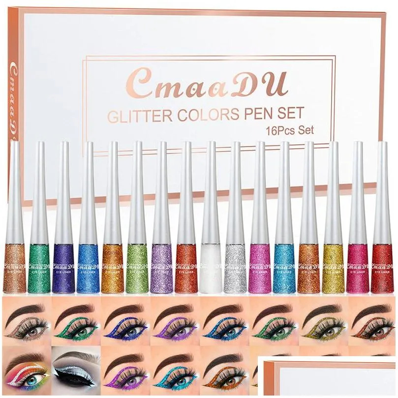 cmaadu 16 color liquid eyeliner shiny sequins glitter powder eyeliner quickdrying long lasting nonsmudge eyes shadow makeup