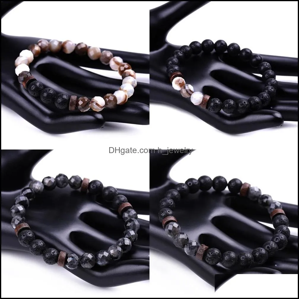fashion men bracelet faceted natural stone wooden beaded 8mm tiger eye spectrolite buddha lava beads stretch bracelets women jewelry