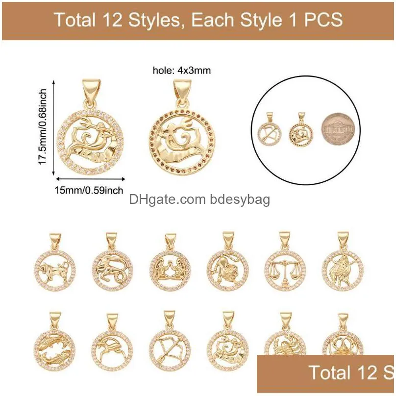 charms 12pcs 12 style brass micro pave cubic zirconia pendants nickel with snap on bail flat round constellationcharms