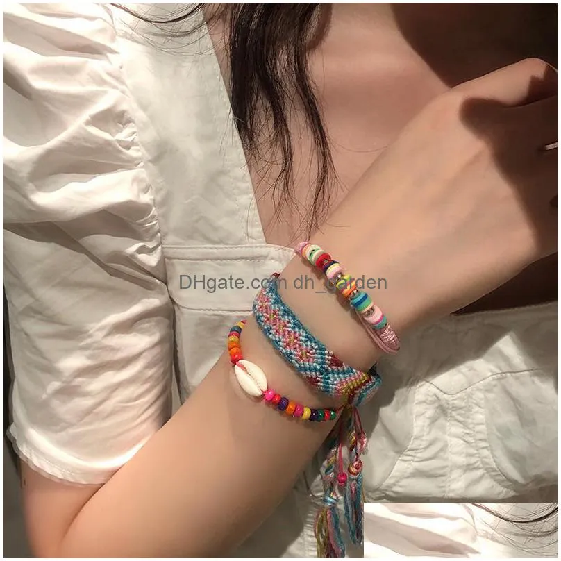 high quality bohemia handmade woven bracelet fashion personalized color lady bracelet shell soft clay hand rope