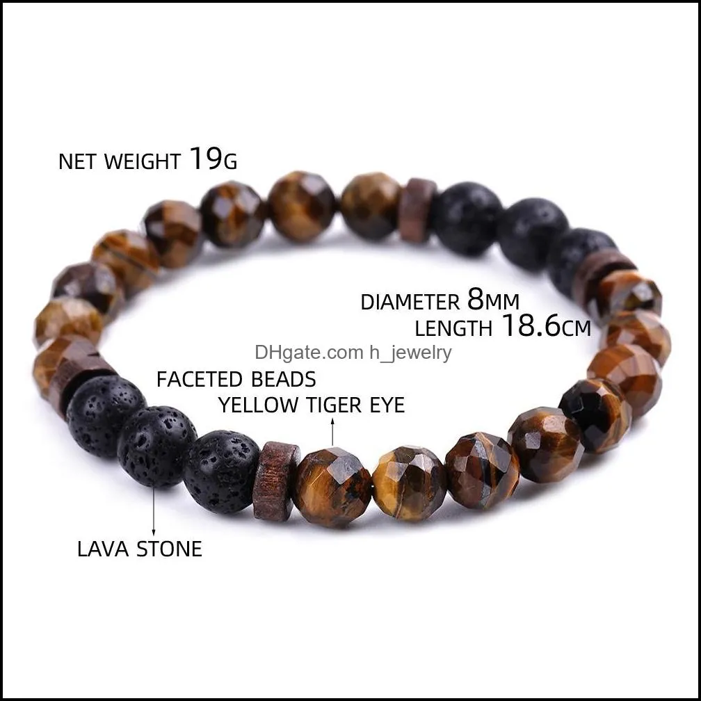 fashion men bracelet faceted natural stone wooden beaded 8mm tiger eye spectrolite buddha lava beads stretch bracelets women jewelry