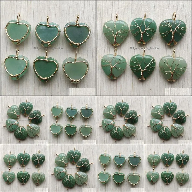 natural green aventurine stone charms tree of life gold wire wrapped love heart pendants for necklace jewelry marking mjfashion