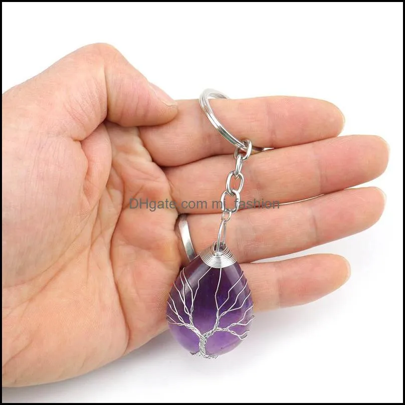 handmade tree of life key rings waterdrop natural stone healing crystal quartz keychain keys chain key rin mjfashion