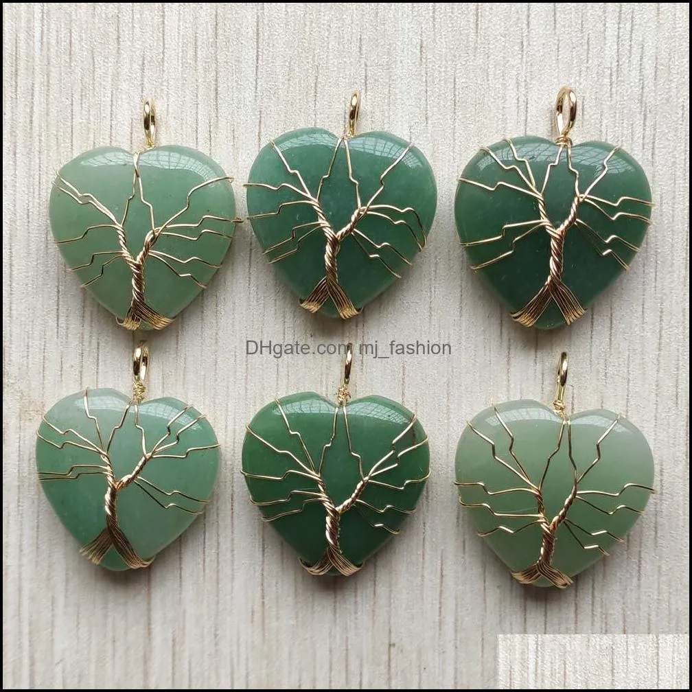 natural green aventurine stone charms tree of life gold wire wrapped love heart pendants for necklace jewelry marking mjfashion