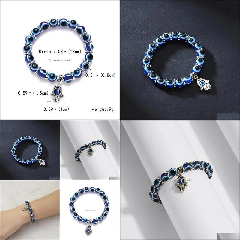 turkish blue evil eye bracelet palm charms resin round lucky bead wishing elastic cord chain bracelet ladies charm jewelry