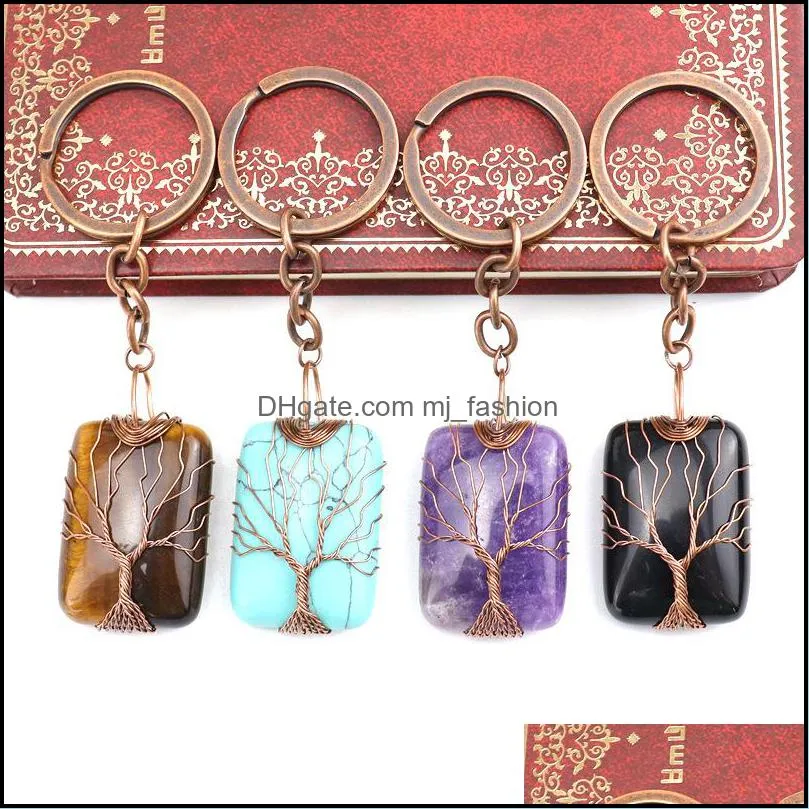 retro handmade tree of life key rings rectangle natural stone healing crystal quartz keychain keys chain key rin mjfashion