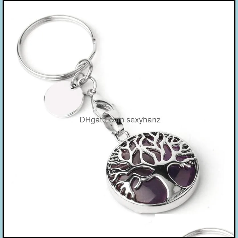 natural stone original keychains tree of life keyring silver color healing crystal car decor key rings keyholder for women men