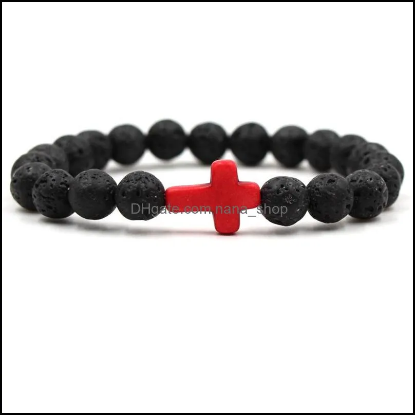 8mm black lava stone beads cross elastic strand bracelet bangle for women men jewelry