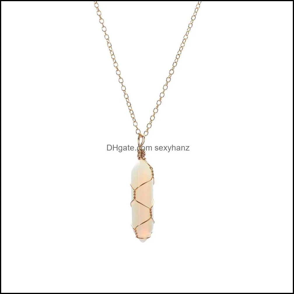 hexagonal cylindrical crystal necklace natural stone pendant wire wrap necklace for women men fashion jewelry