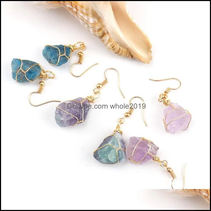 wire wrapped natural crystal rough stone irregular raw ore dangle earrings energy healing gemstone amethyst quartz earrings women