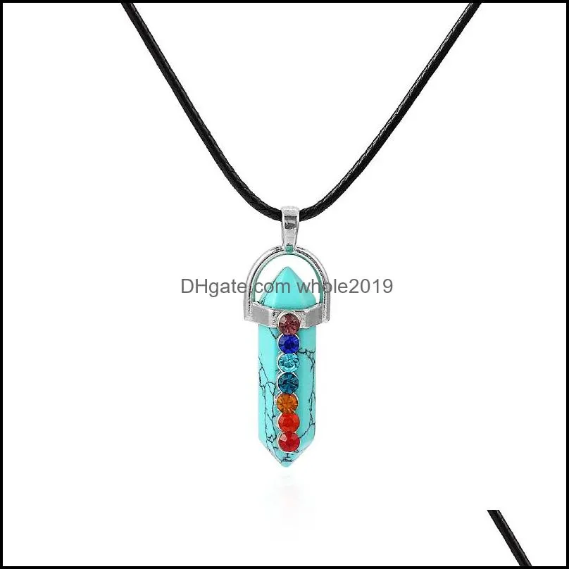 hexagonal prism crystal pink quartz natural stone pendant 7 chakra necklace with 50cm stainless steel chain