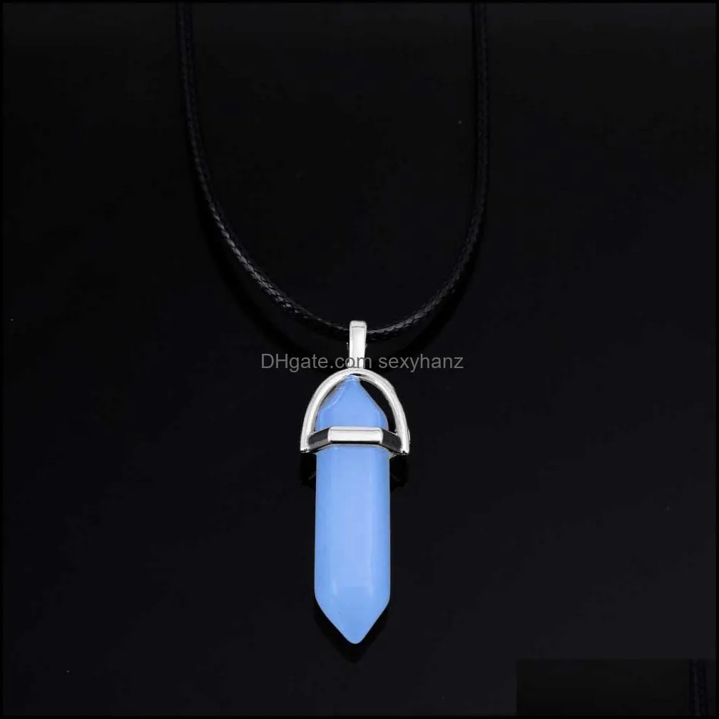 fashion luminous stone fluorescent hexagonal column druzy necklace natural crystal gem stone pendant leather chains necklace