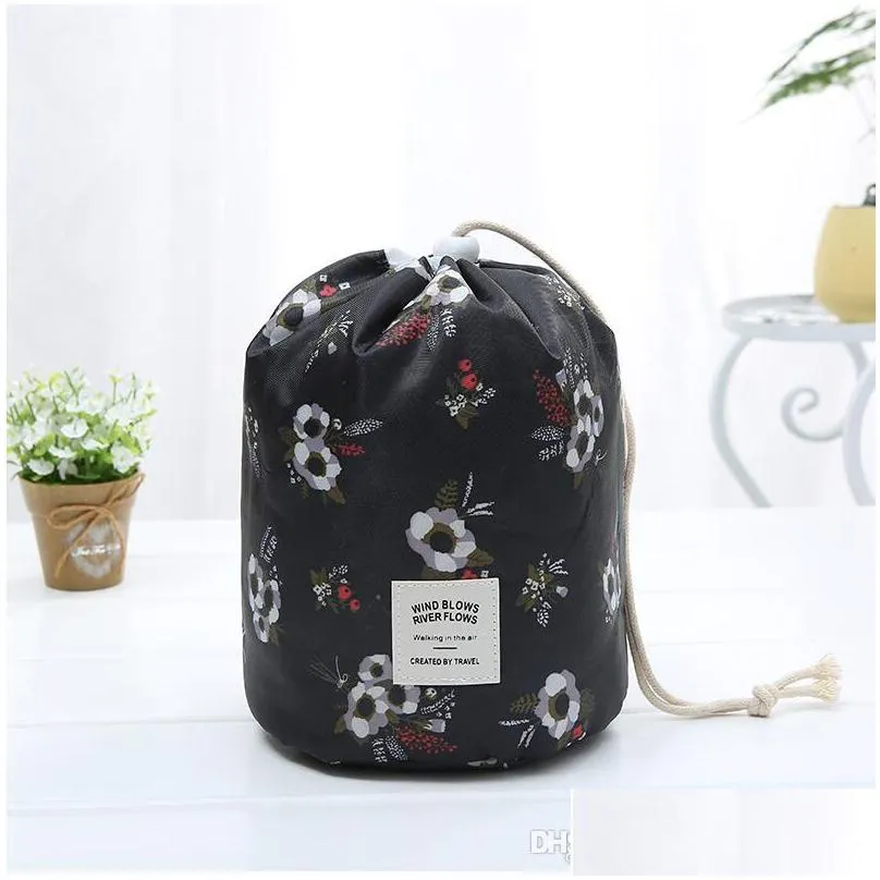 barrel shaped women cosmetic bag stripes cactus flamingo lemon flower printed travel makeup bags organizer storage bags