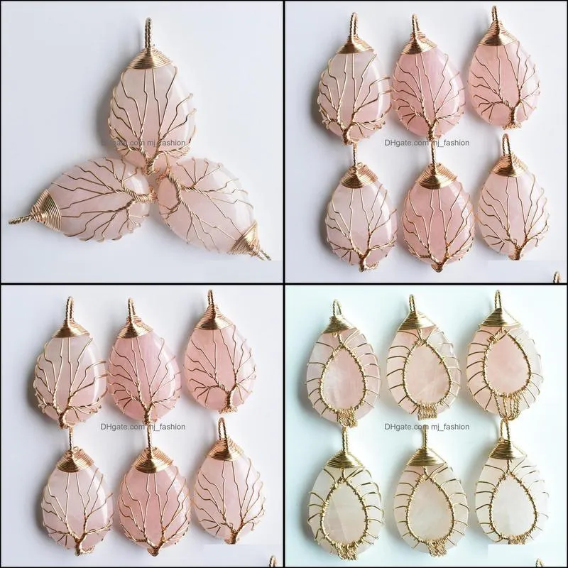 natural stone charms crystal tree of life pendants pink rose quartz gold wire wrapped trendy jewelry making mjfashion