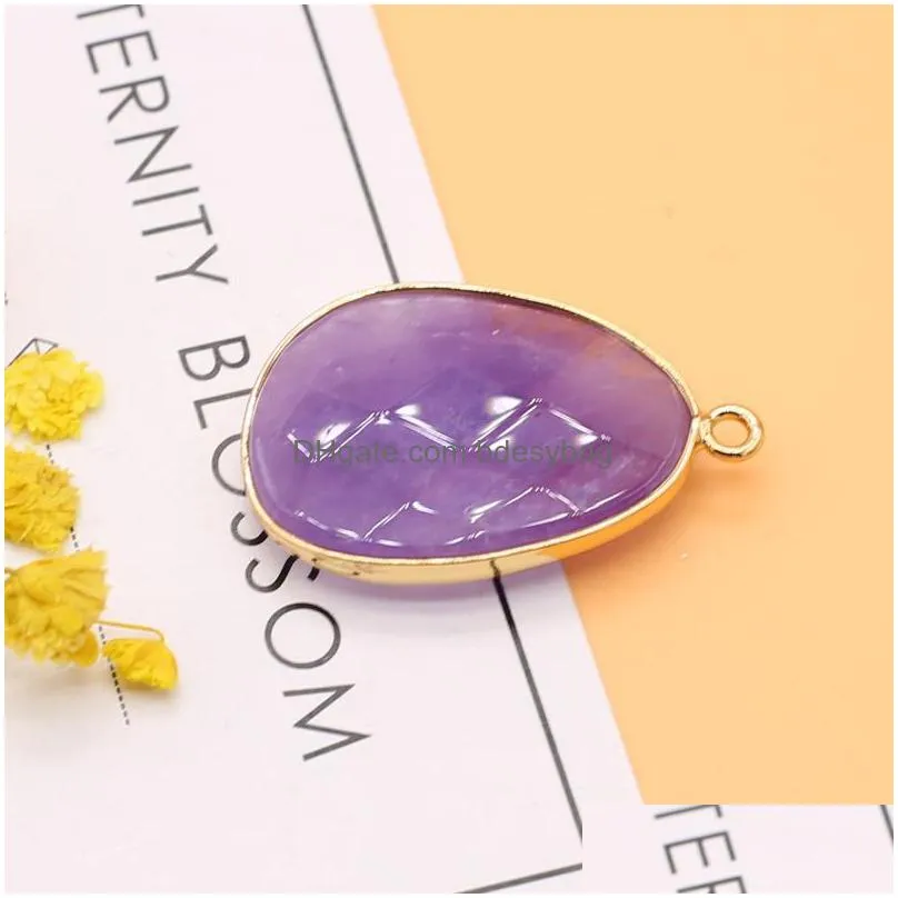 charms natural gem stone amethyst gold plated facets pendant for diy necklace oval cabochon healing charm female jewelrycharms